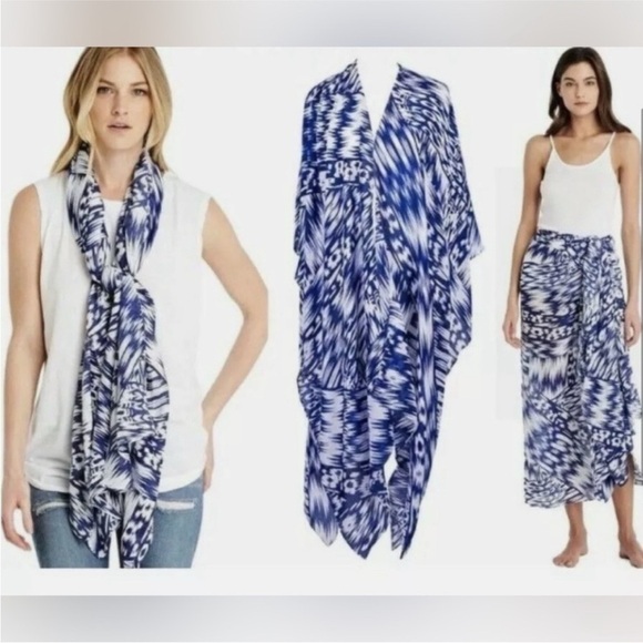 Michael Stars Accessories - Michael Stars Blue Ikat Print Ruana Wrap Scarf One Size Cover Up Beach Resort